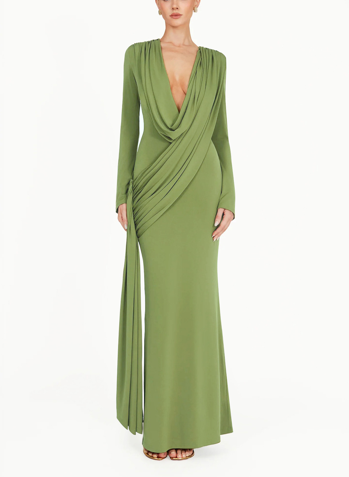 Sheath Column V-Neck Long Sleeves Floor-Length Jersey Evening Dresses With Pleated Sweeping Side Drape