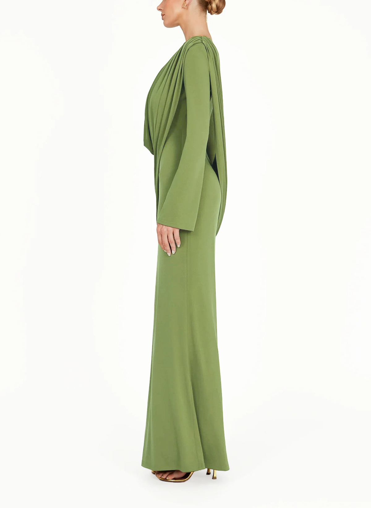 Sheath Column V-Neck Long Sleeves Floor-Length Jersey Evening Dresses With Pleated Sweeping Side Drape