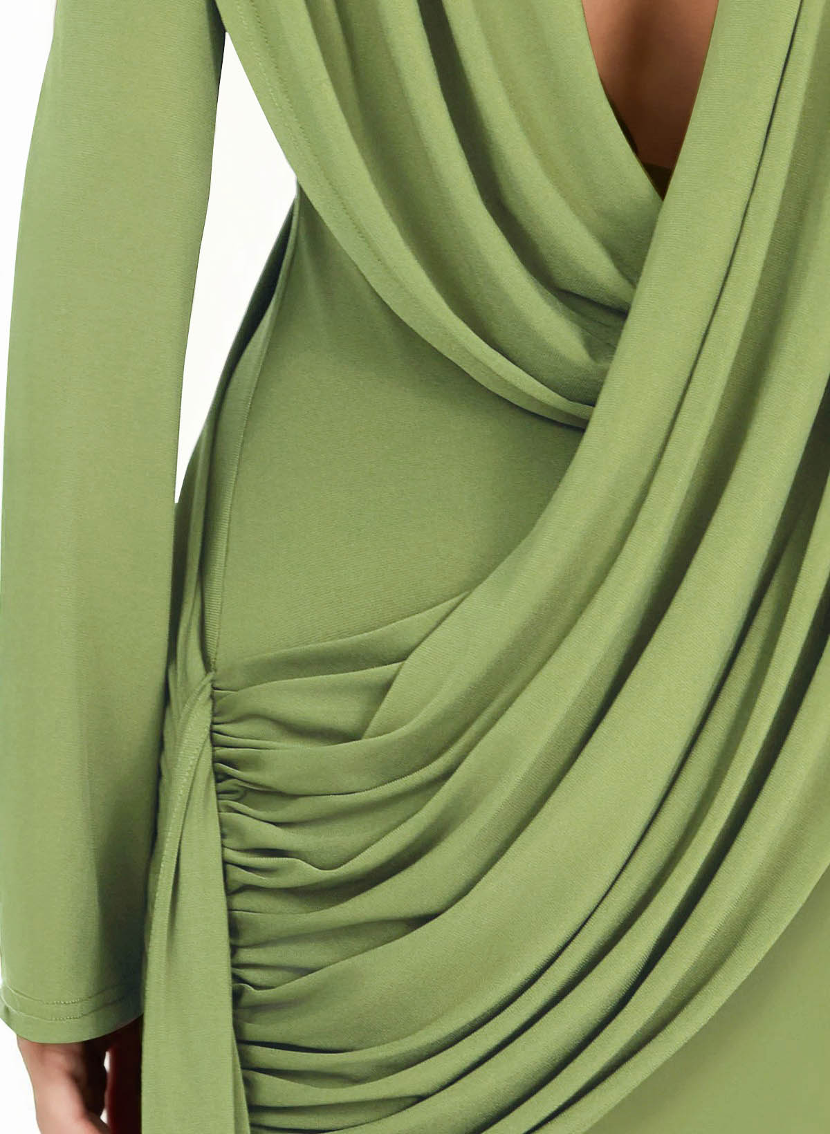 Sheath Column V-Neck Long Sleeves Floor-Length Jersey Evening Dresses With Pleated Sweeping Side Drape