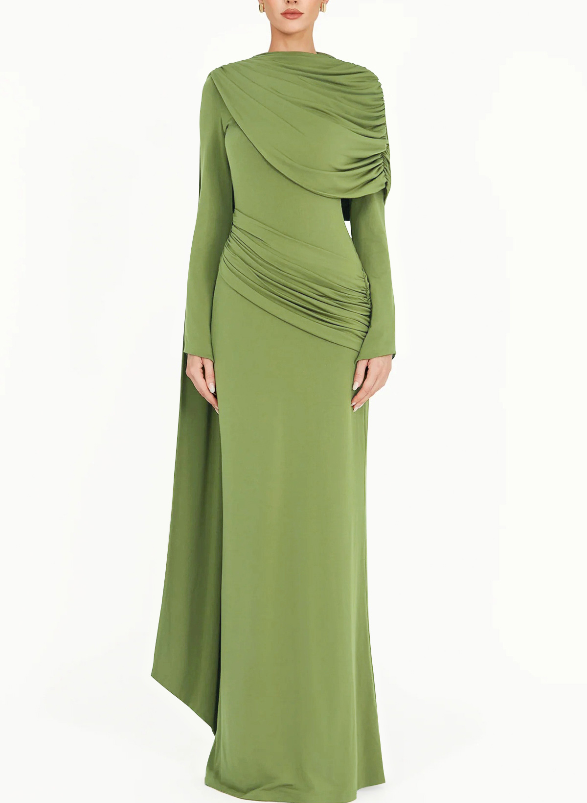Sheath Column Scoop Neck Long Sleeves Floor-Length Jersey Evening Dresses With Pleated Sweeping Side Drape Tiered