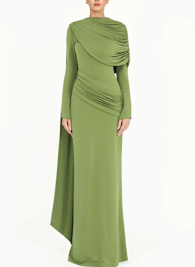 Sheath Column Scoop Neck Long Sleeves Floor-Length Jersey Evening Dresses With Pleated Sweeping Side Drape Tiered