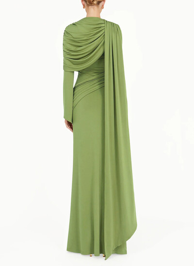 Sheath Column Scoop Neck Long Sleeves Floor-Length Jersey Evening Dresses With Pleated Sweeping Side Drape Tiered