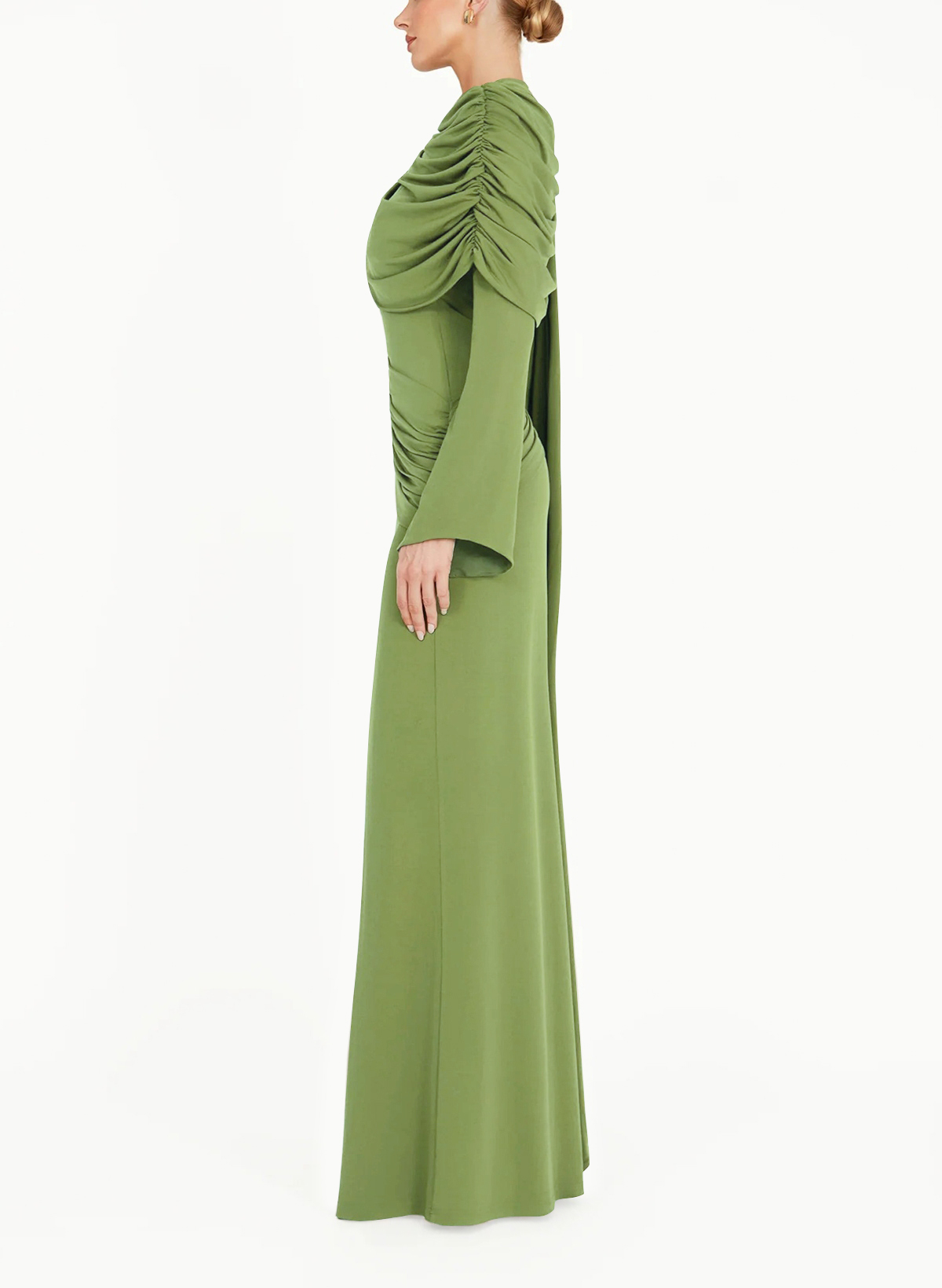 Sheath Column Scoop Neck Long Sleeves Floor-Length Jersey Evening Dresses With Pleated Sweeping Side Drape Tiered