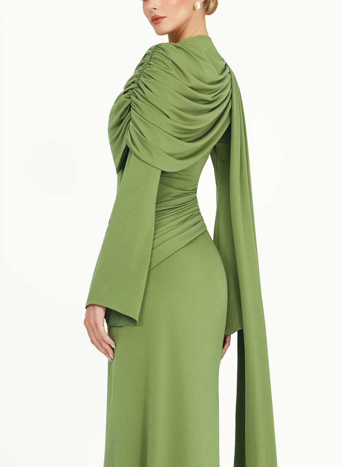Sheath Column Scoop Neck Long Sleeves Floor-Length Jersey Evening Dresses With Pleated Sweeping Side Drape Tiered