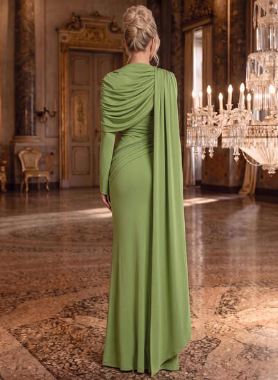 Sheath Column Scoop Neck Long Sleeves Floor-Length Jersey Evening Dresses With Pleated Sweeping Side Drape Tiered