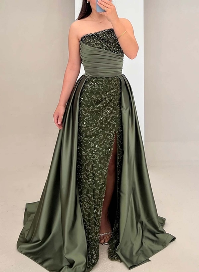 Elegant Strapless Sweep Train Lace/Satin Evening Dresses With Split Front/Beading/Sequins