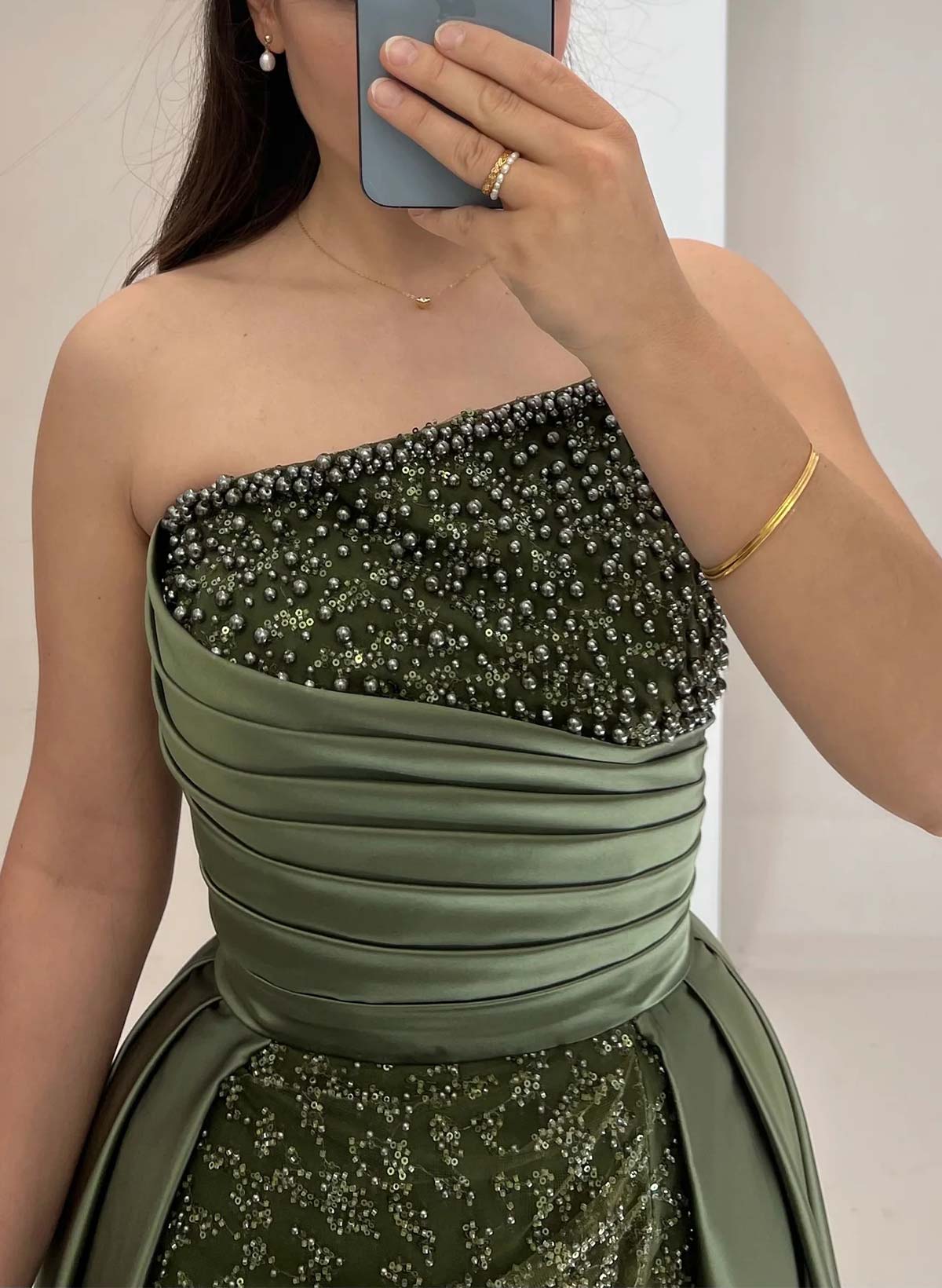 Elegant Strapless Sweep Train Lace/Satin Evening Dresses With Split Front/Beading/Sequins