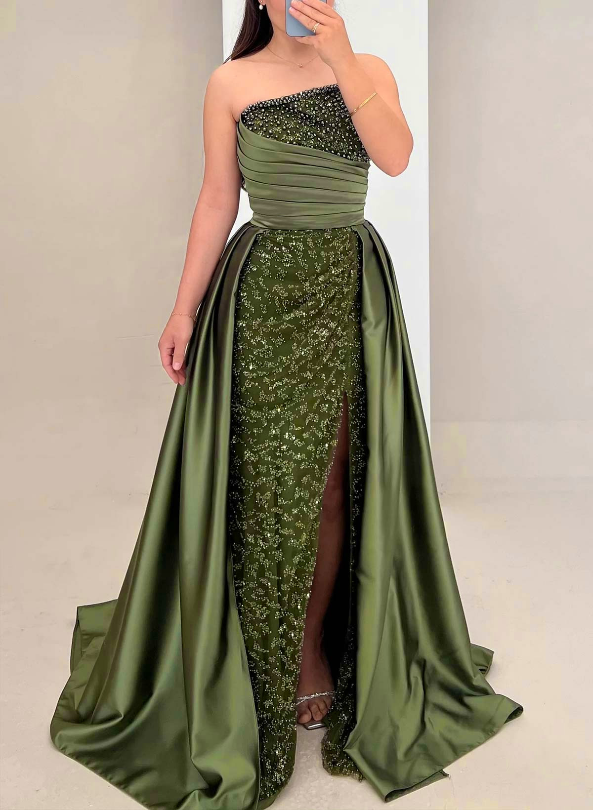 Elegant Strapless Sweep Train Lace/Satin Evening Dresses With Split Front/Beading/Sequins