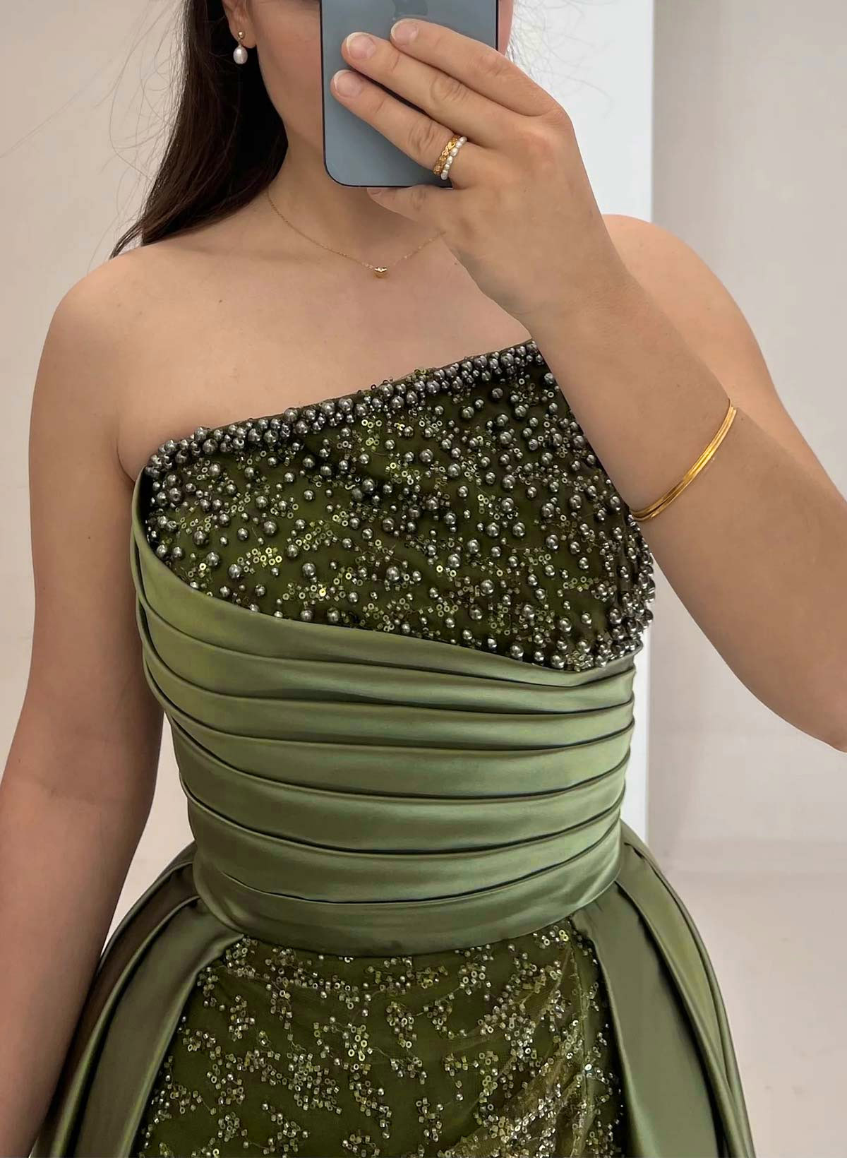 Elegant Strapless Sweep Train Lace/Satin Evening Dresses With Split Front/Beading/Sequins