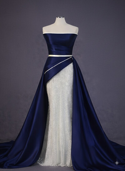 A-Line Off-The-Shoulder Sleeveless Royal Satin Evening Dresses With Overskirt Dress