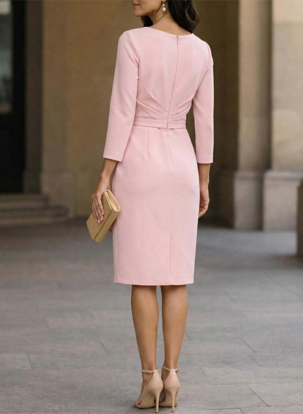 Sheath/Column V-Neck 3/4 Sleeves Knee-Length Elastic Satin Evening Dresses With Rhinestone