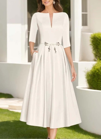 A-Line V-Neck 1/2 Sleeves Tea-Length Matte Satin Evening Dresses With Bow(s)