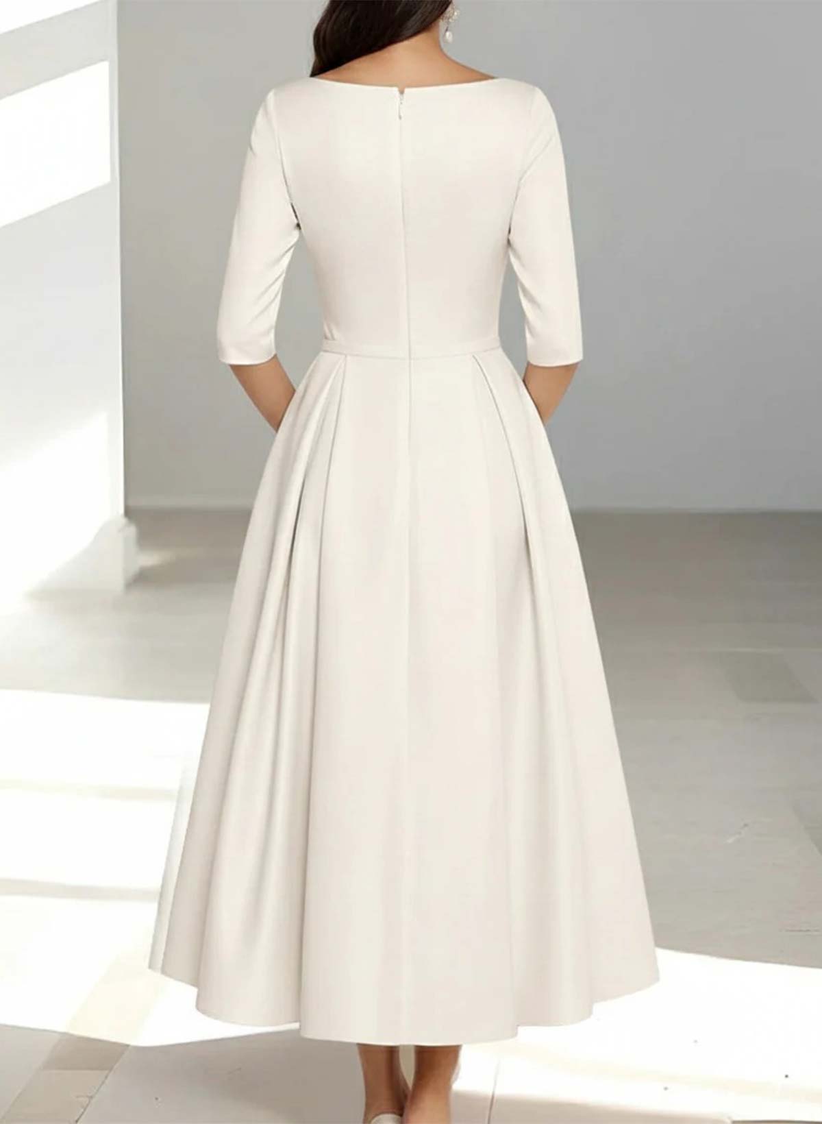 A-Line V-Neck 1/2 Sleeves Tea-Length Matte Satin Evening Dresses With Bow(s)