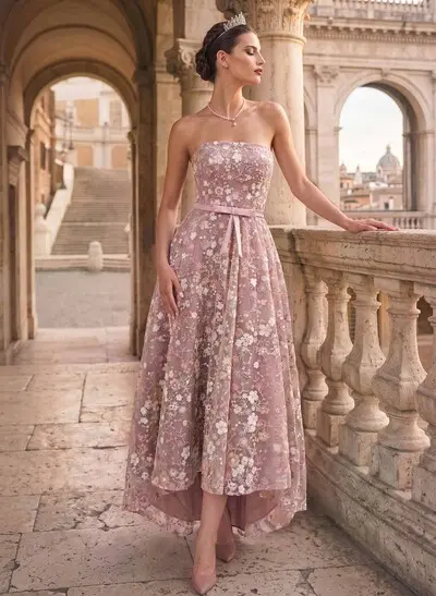 A-Line Strapless Sleeveless Tea-Length Lace Prom Dresses With Appliques Lace