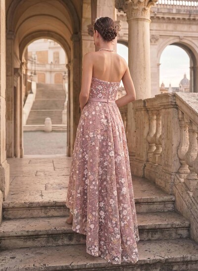 A-Line Strapless Tea-Length Evening Dresses With Appliques Lace