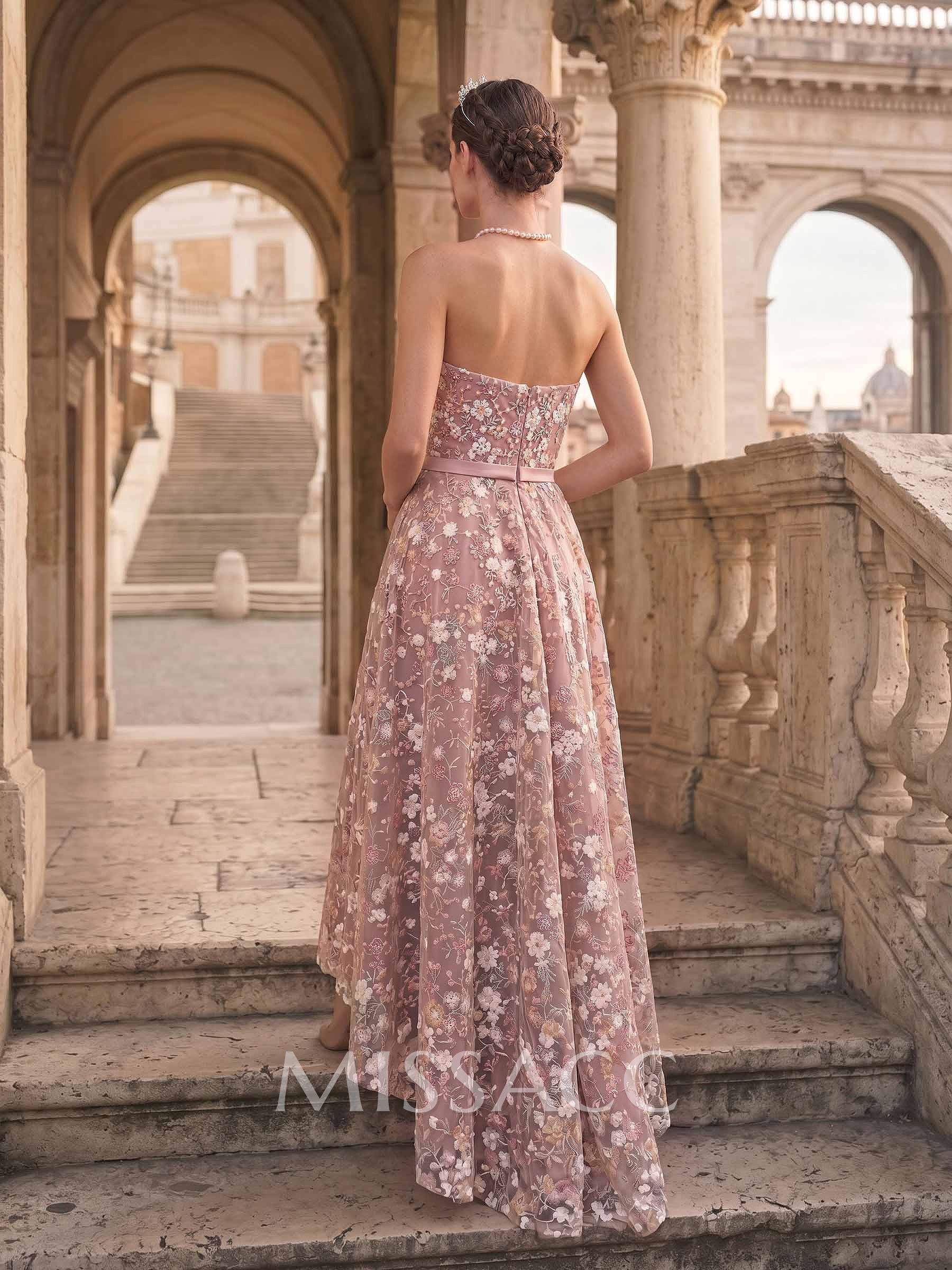 A-Line Strapless Tea-Length Evening Dresses With Appliques Lace