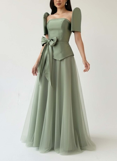 A-Line Short Sleeves Floor-Length Satin Evening Dresses With Bow(s)