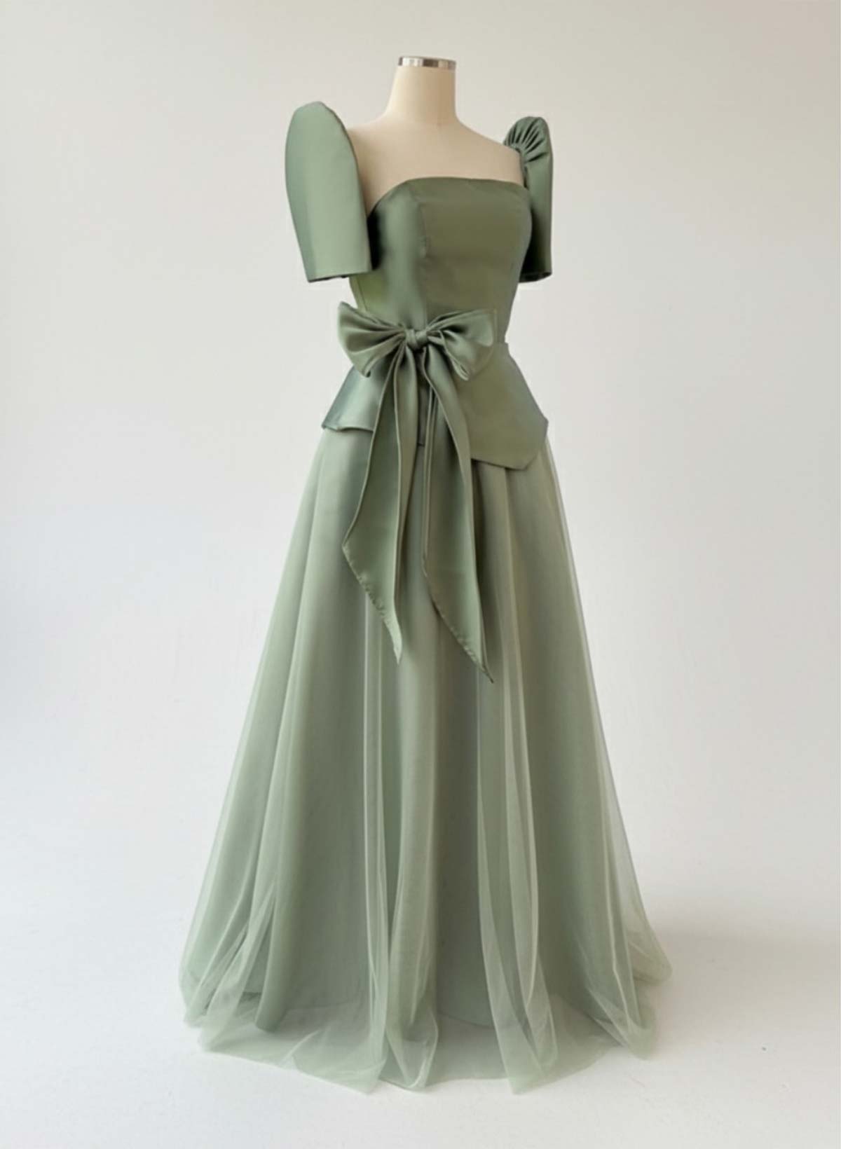 A-Line Short Sleeves Floor-Length Satin Evening Dresses With Bow(s)