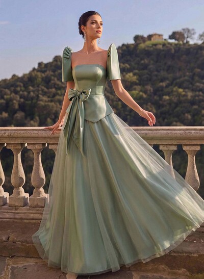 A-Line Short Sleeves Floor-Length Satin Evening Dresses With Bow(s)