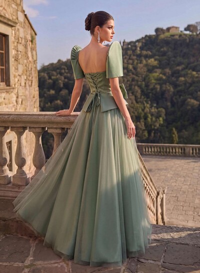 A-Line Short Sleeves Floor-Length Satin Evening Dresses With Bow(s)