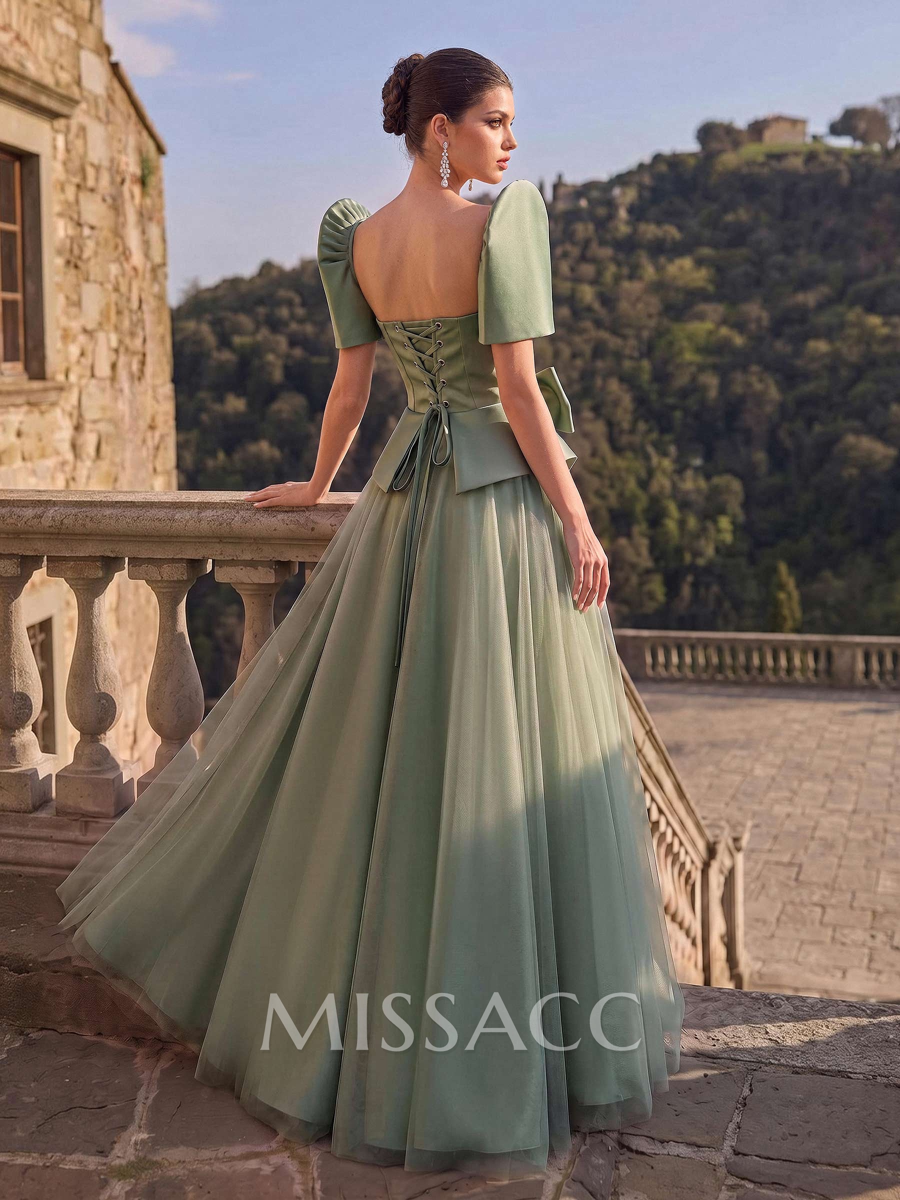 A-Line Short Sleeves Floor-Length Satin Evening Dresses With Bow(s)