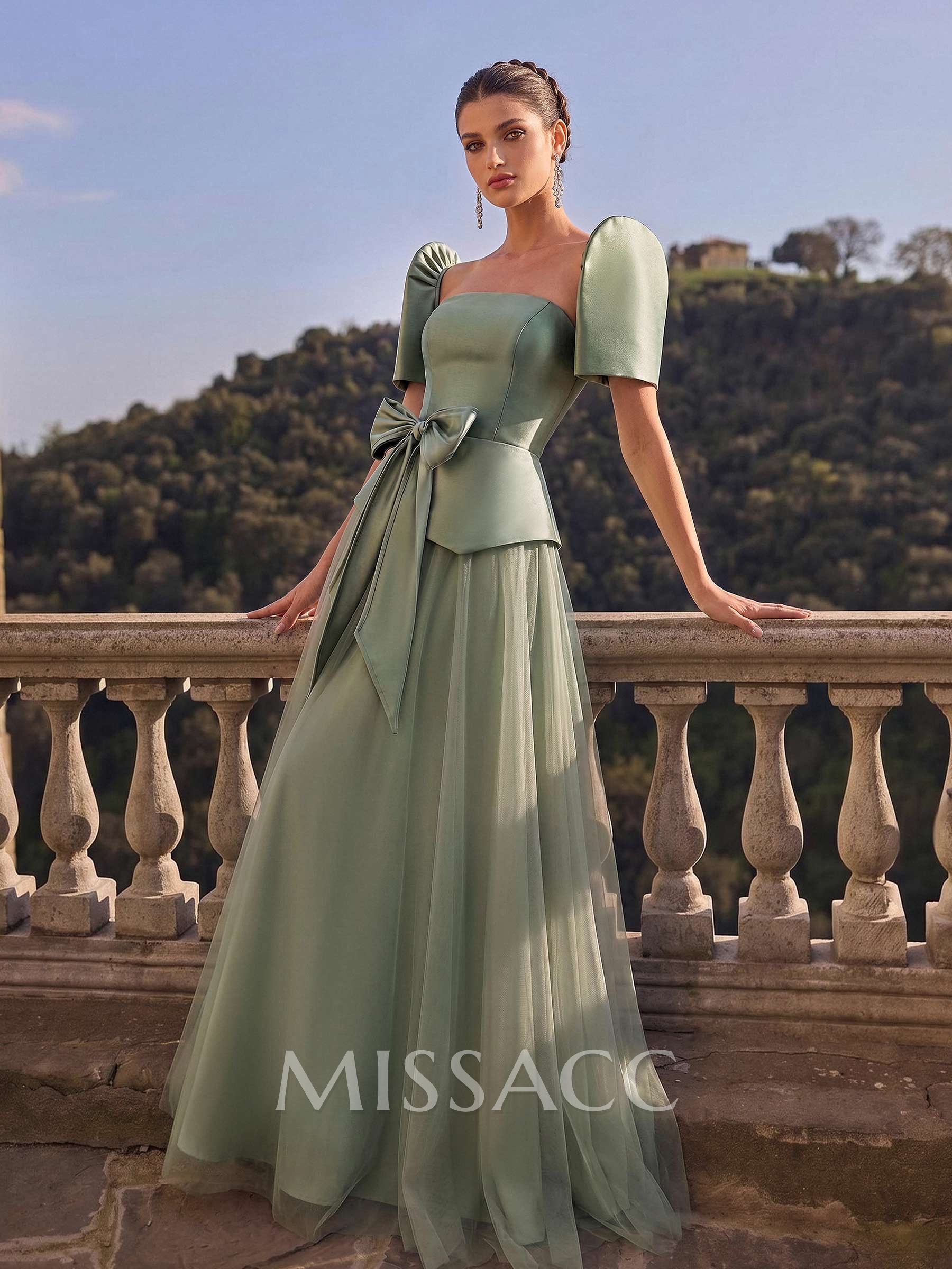 A-Line Short Sleeves Floor-Length Satin Evening Dresses With Bow(s)