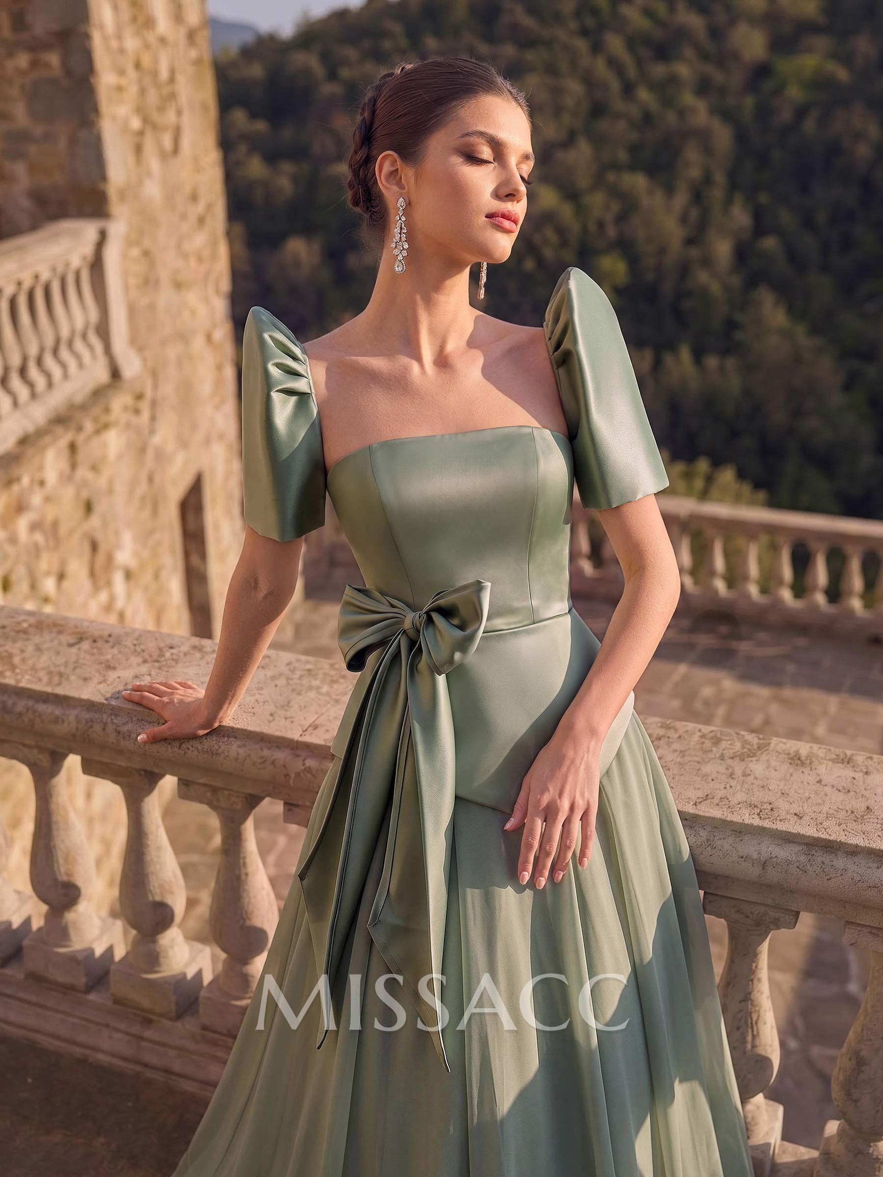 A-Line Short Sleeves Floor-Length Satin Evening Dresses With Bow(s)