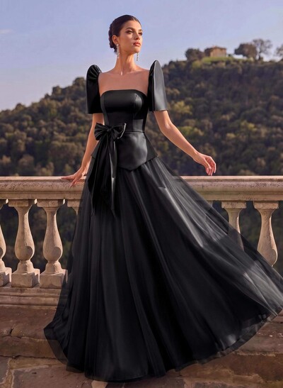 A-Line Short Sleeves Floor-Length Satin Evening Dresses With Bow(s)