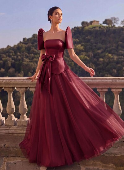 A-Line Short Sleeves Floor-Length Satin Evening Dresses With Bow(s)