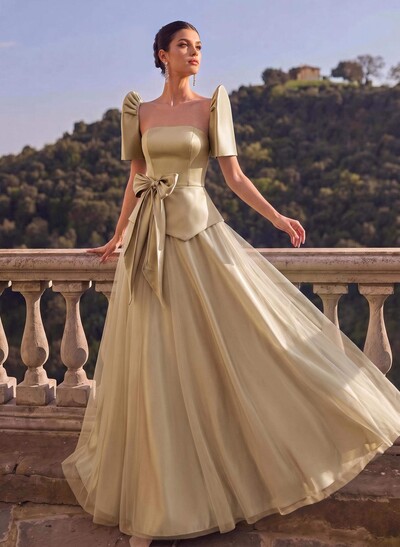 A-Line Short Sleeves Floor-Length Satin Evening Dresses With Bow(s)