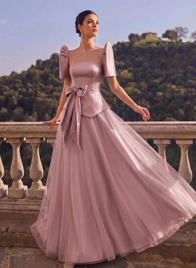 A-Line Short Sleeves Floor-Length Satin Evening Dresses With Bow(s)