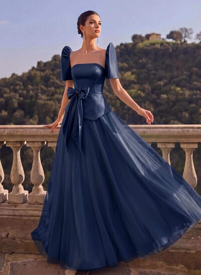A-Line Short Sleeves Floor-Length Satin Evening Dresses With Bow(s)