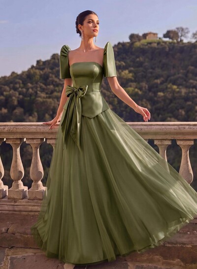 A-Line Short Sleeves Floor-Length Satin Evening Dresses With Bow(s)