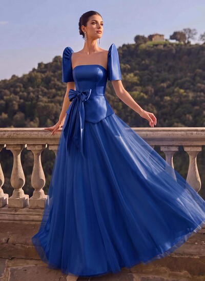 A-Line Short Sleeves Floor-Length Satin Evening Dresses With Bow(s)