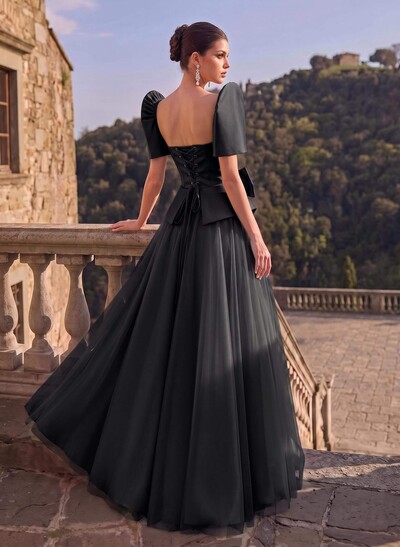 A-Line Short Sleeves Floor-Length Satin Evening Dresses With Bow(s)