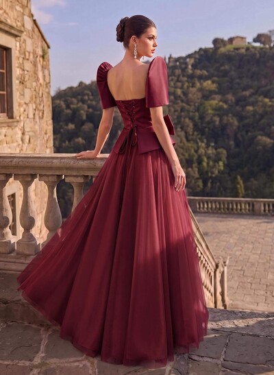 A-Line Short Sleeves Floor-Length Satin Evening Dresses With Bow(s)