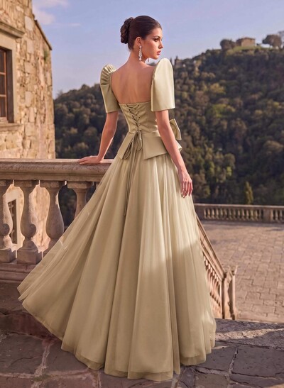 A-Line Short Sleeves Floor-Length Satin Evening Dresses With Bow(s)