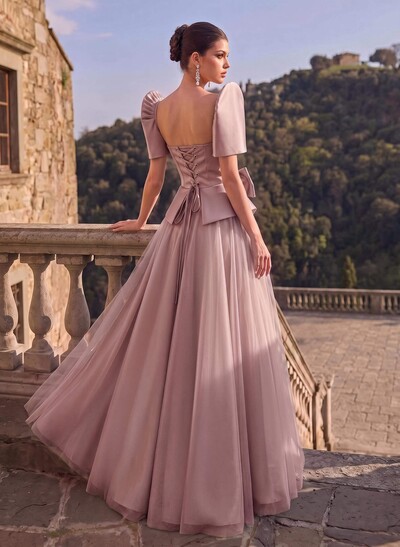 A-Line Short Sleeves Floor-Length Satin Evening Dresses With Bow(s)