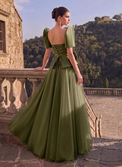 A-Line Short Sleeves Floor-Length Satin Evening Dresses With Bow(s)