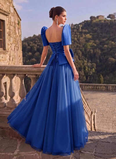 A-Line Short Sleeves Floor-Length Satin Evening Dresses With Bow(s)