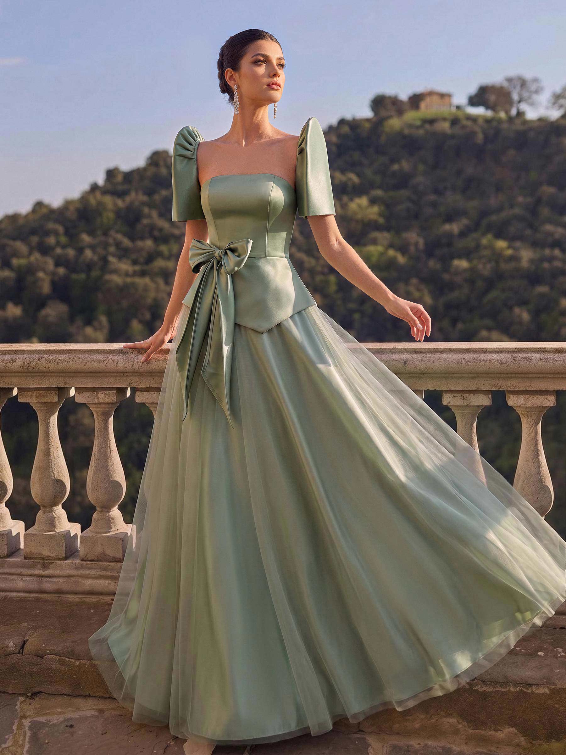 A-Line Short Sleeves Floor-Length Satin Evening Dresses With Bow(s)