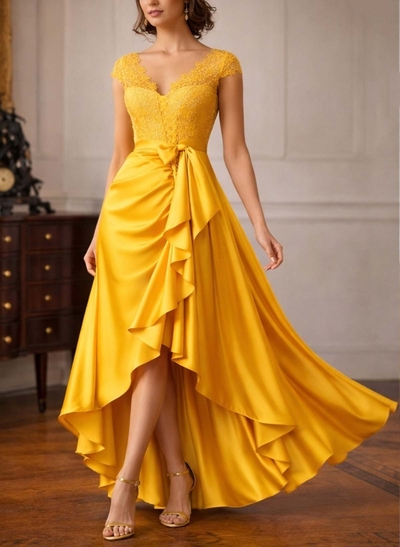 A-Line V-Neck Cape Sleeves Asymmetrical Acetate Satin Evening Dresses With Ruffle