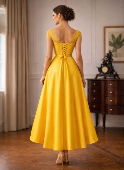 A-Line V-Neck Cape Sleeves Asymmetrical Acetate Satin Evening Dresses With Ruffle