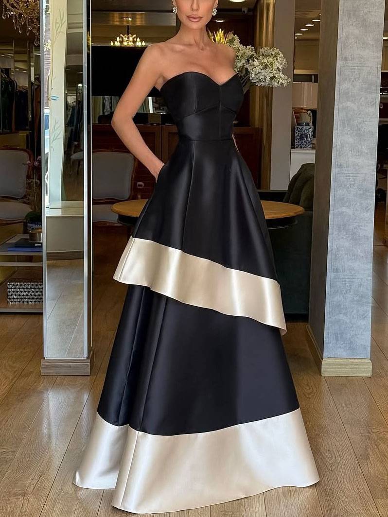 A-Line Sweetheart Sleeveless Floor-Length Twill Satin Evening Dresses