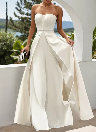 Jumpsuit/Pantsuit Strapless Sleeveless Floor-Length Matte Satin Wedding Dresses