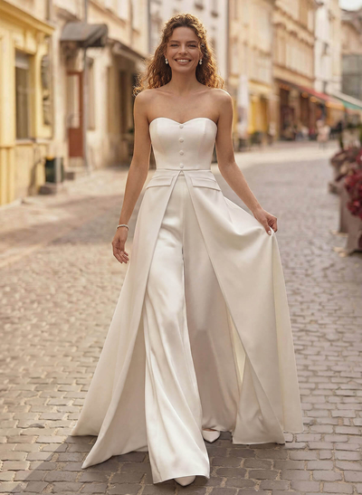 Jumpsuit/Pantsuit Strapless Sleeveless Floor-Length Matte Satin Wedding Dresses