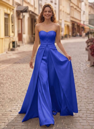 Jumpsuit/Pantsuit Strapless Sleeveless Floor-Length Matte Satin Evening Dresses
