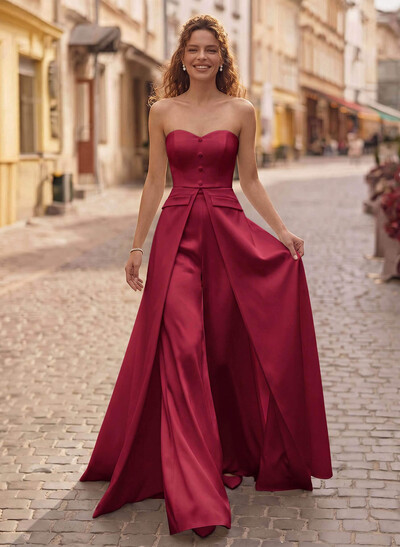 Jumpsuit/Pantsuit Strapless Sleeveless Floor-Length Matte Satin Evening Dresses