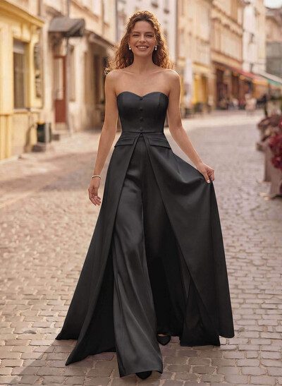 Strapless Sleeveless Floor-Length Matte Satin Evening Jumpsuit / Pantsuit