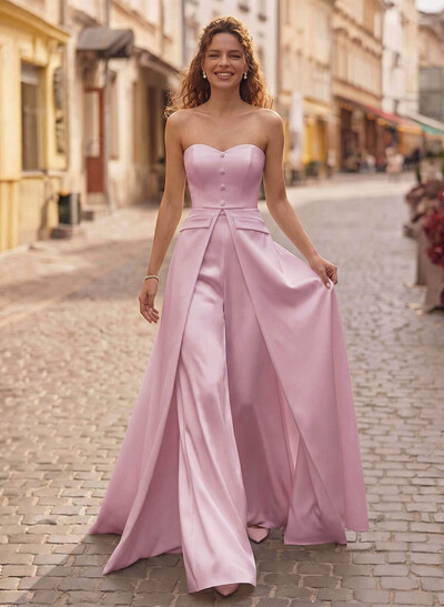 Jumpsuit/Pantsuit Strapless Sleeveless Floor-Length Matte Satin Evening Dresses